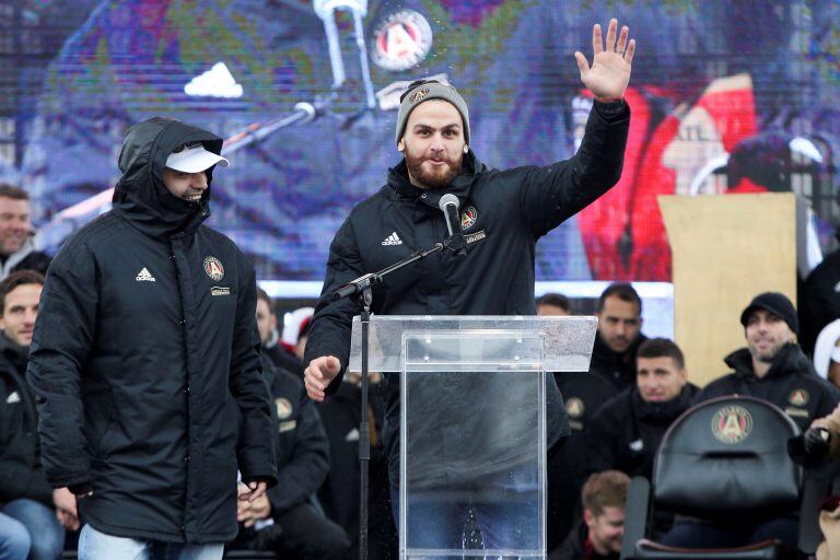 Dec 10, 2018; Atlanta, GA, USA; Atlanta United defender Leandro Gonzalez Pirez (5) talks during the MLS Cup Champions Parade. Mandatory Credit: Brett Davis-USA TODAY Sports