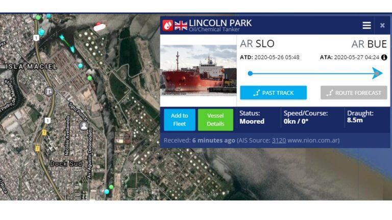 Posición actual del buque inglés Lincoln Park, en Puerto de Dock Sud, Buenos Aires.