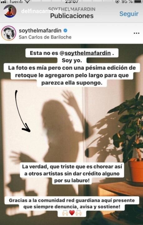 Delfina demuestra que la foto no era de Thelma, sino de ella. (Instagram)