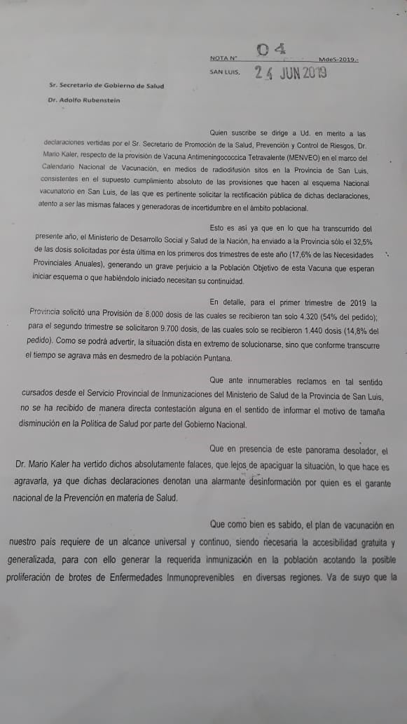 Reclamo ante Nación por el envío de vacunas contra la Meningitis.