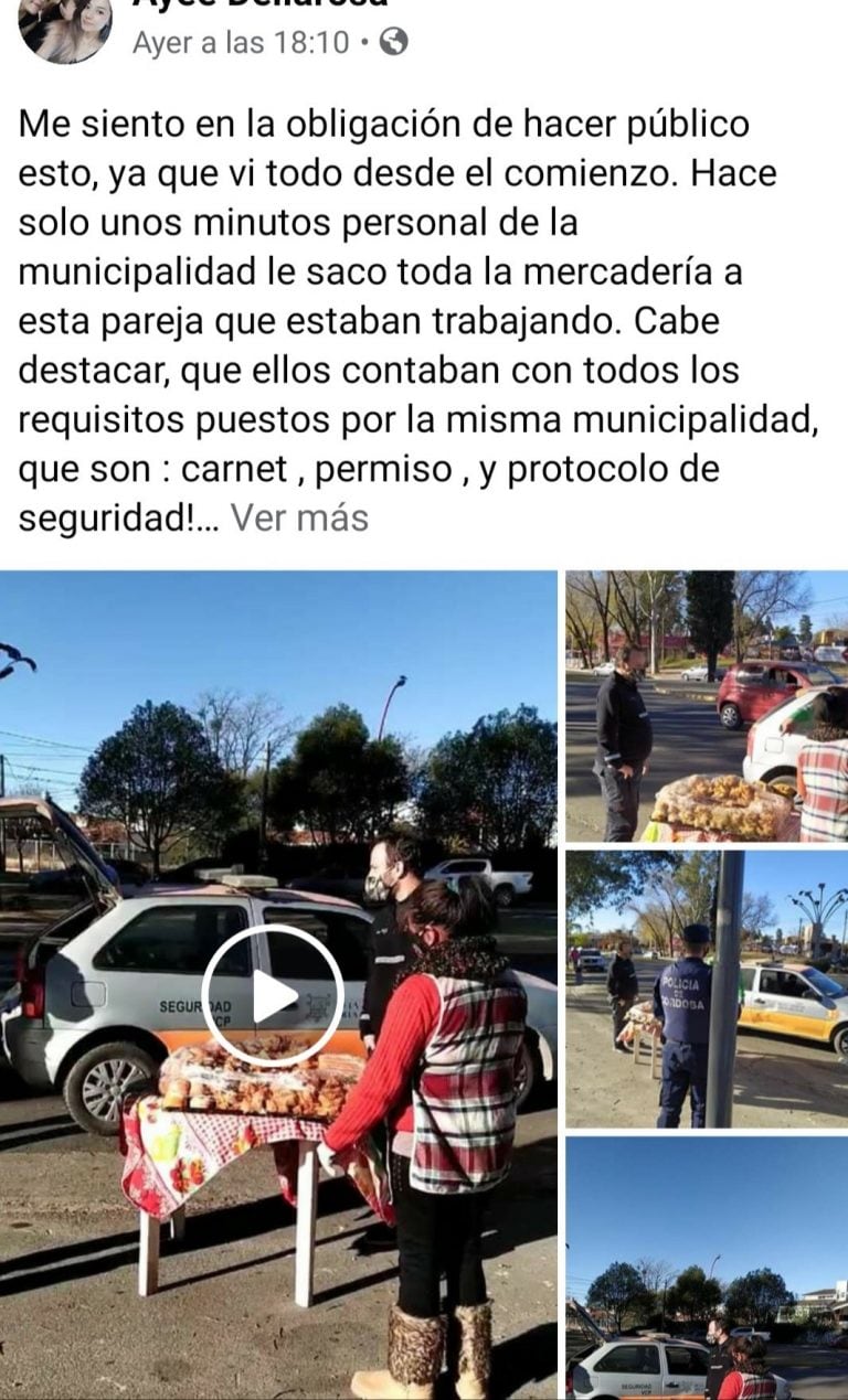 Posteo en Facebook de la joven carlospacense, testigo de la situación. (Foto: captura de pantalla).