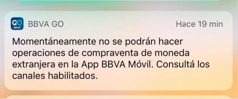 El mensaje que envió el Banco BBVA a los clientes que usan su aplicación. Crédito: BBVA.