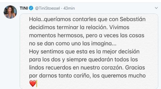 Los cantantes Tini Stoessel y Sebastián Yatra revolucionaron las redes al confirmar que decidieron terminar su relación amorosa.