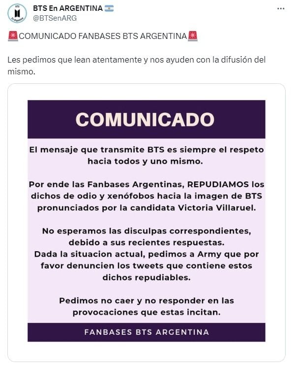 El comunicado de las Armys contra Victoria Villarruel.