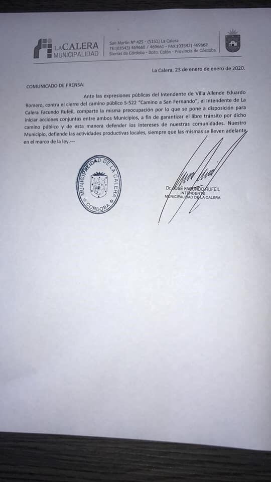 Comunicado de prensa del intendente de La Calera, Facundo Rufeil