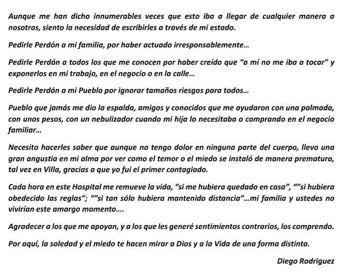 Carta del primer paciente infectado de coronavirus de Villa Quinteros.