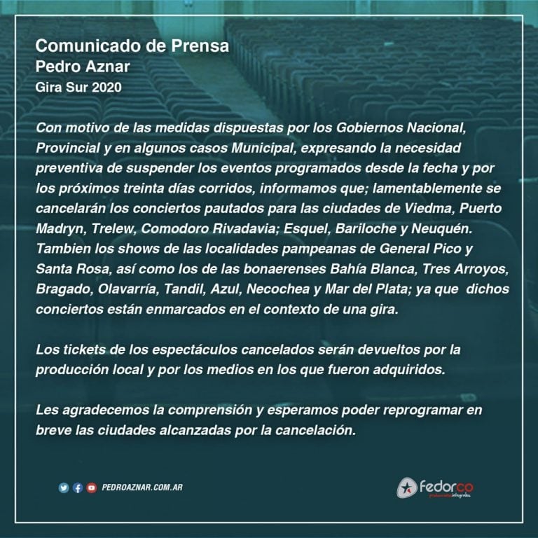 Cancelación de la gira de Pedro Aznar