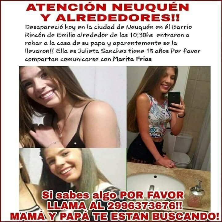 Buscan en Neuquén a Julieta Sánchez.