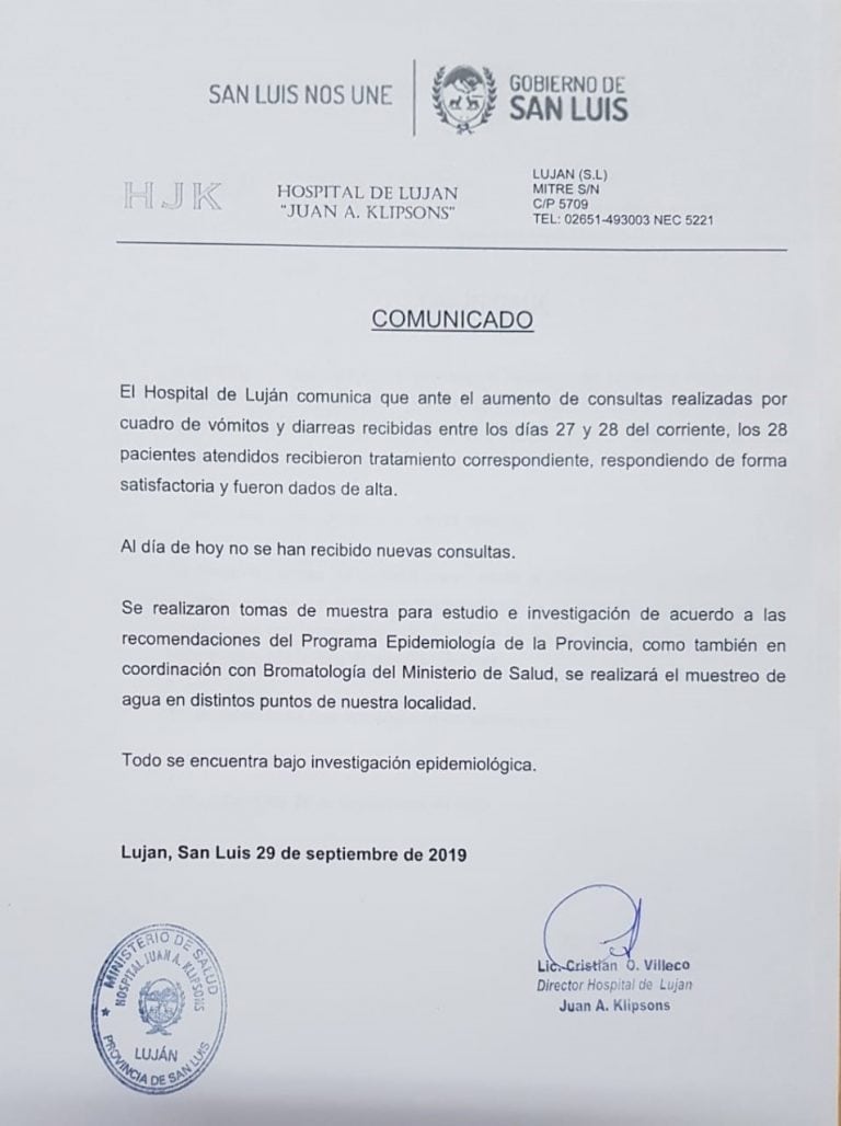 Comunicado del Ministerio de Salud de San Luis.