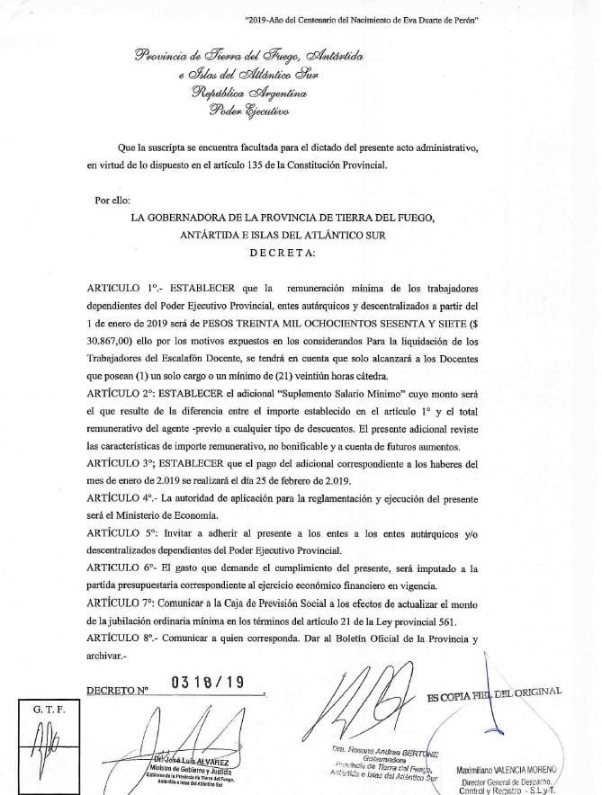 Decreto 0318/19 firmado por la Gobernadora Bertone