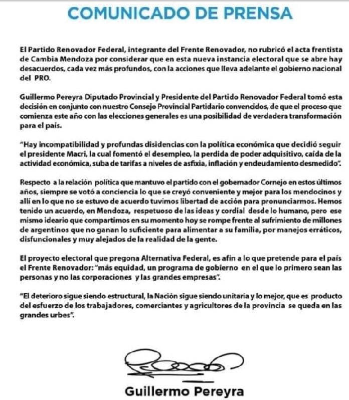 El comunicado emitido oficialmente por Guillermo Pereyra.