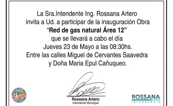 Invitación digital de la inauguración de las redes de gas natural del barrio Área 12 de Rawson.