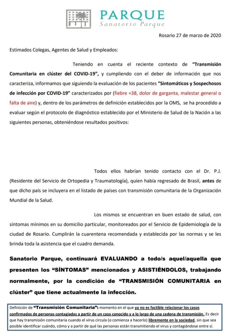 Los casos de los médicos del Parque con coronavirus confirmado