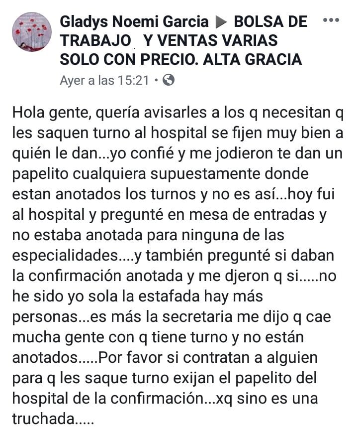 Alta Gracia: cobraba por sacar turnos en el Hopital Arturo U. Illia y luego no lo hacía.