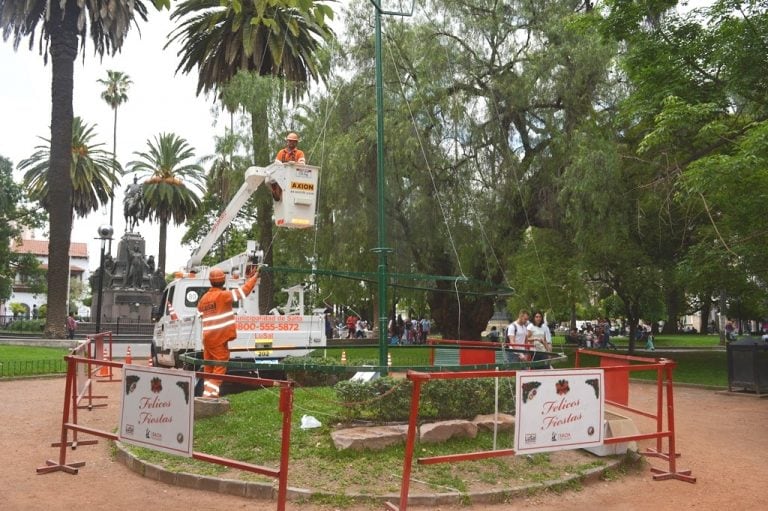 Armado del arbolito de la Plaza 9 de Julio (Municipalidad de Salta)