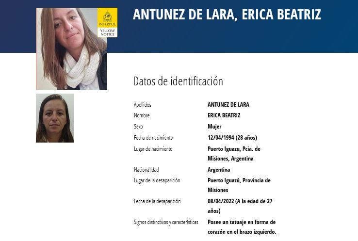 La desaparición de Érica Antúnez de Lara con alerta amarilla de Interpol.