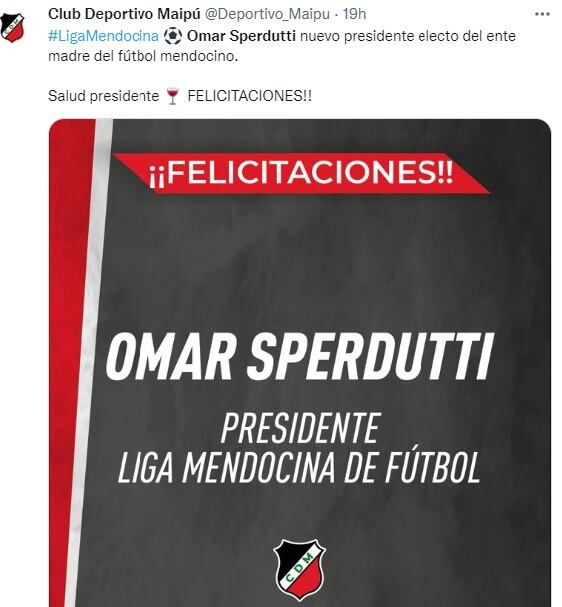 El Club Deportivo Maipú felicitó a su dirigente Omar Sperdutti.