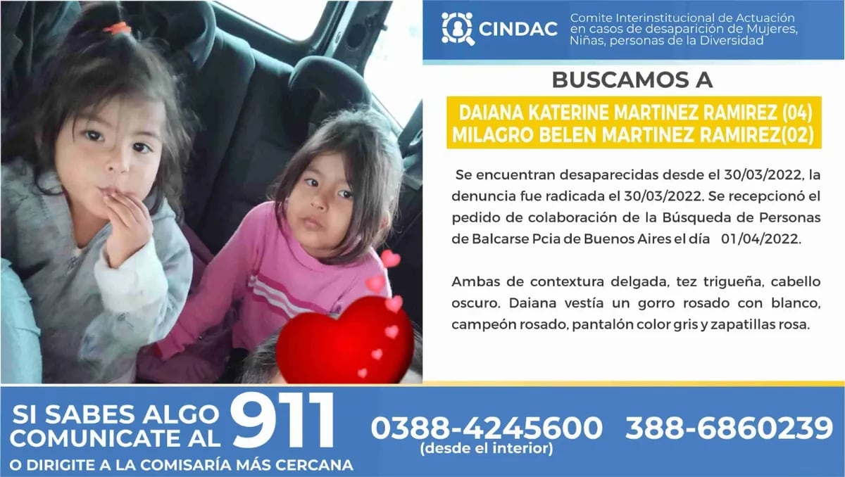 Alerta emitido por el CINDAC para la búsqueda en Jujuy de Daiana Katerine Martínez Ramírez y Milagro Belén Martínez Ramírez.