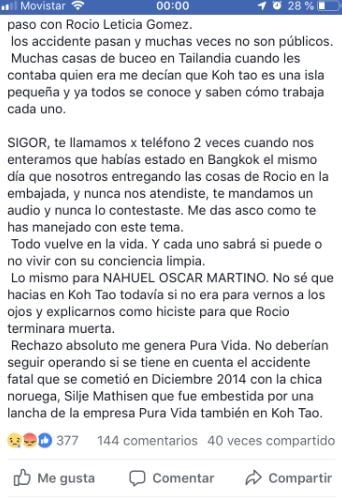 Rocío Leticia Gómez falleció durante un buceo de bautismo con la escuela "Pura Vida Diving" en Ko Tao, Tailandia, y Franco, su expareja, detalló el confuso episodio.