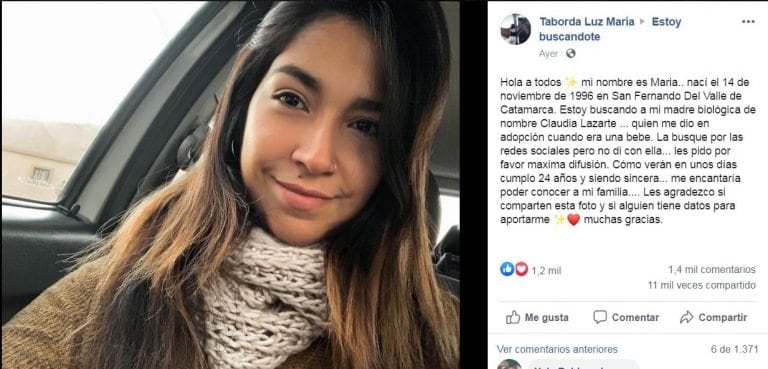 María Luz Taborda busca a su madre biológica.
Crédito: Facebook