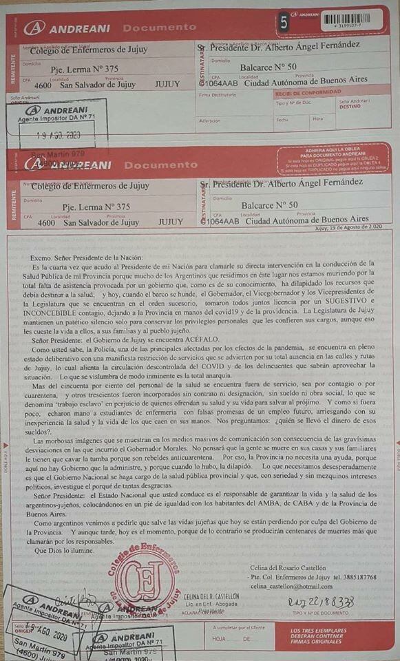 La carta documento enviada por el Colegio de Enfermeros de Jujuy al presidente Alberto Fernández.