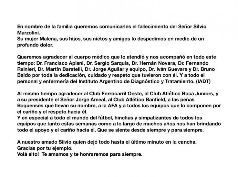 El comunicado de la familia de Silvio Marzolini.