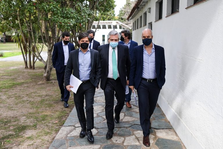 Axel Kicillof junto a Alberto Fernández y Horacio Rodríguez Larreta. (Presidencia)