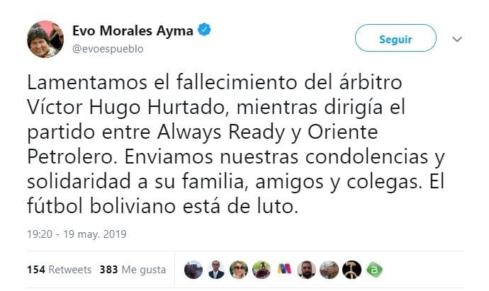 El presidente boliviano Evo Morales lamentó el fallecimiento del árbitro Hurtado (Foto: captura)