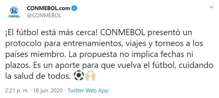 Conmebol presentó nuevos protocolos sanitarios para el retorno de sus torneos (Foto: Twitter)