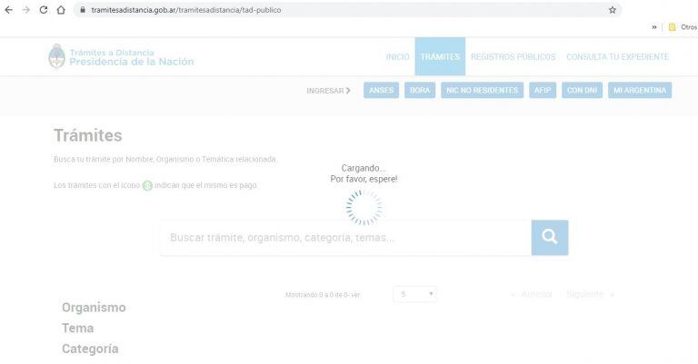 Error en la página tramitesadistancia.gob.ar (Captura)