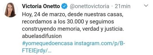 El twit que Victoria Onetto publicó el 23 de marzo.