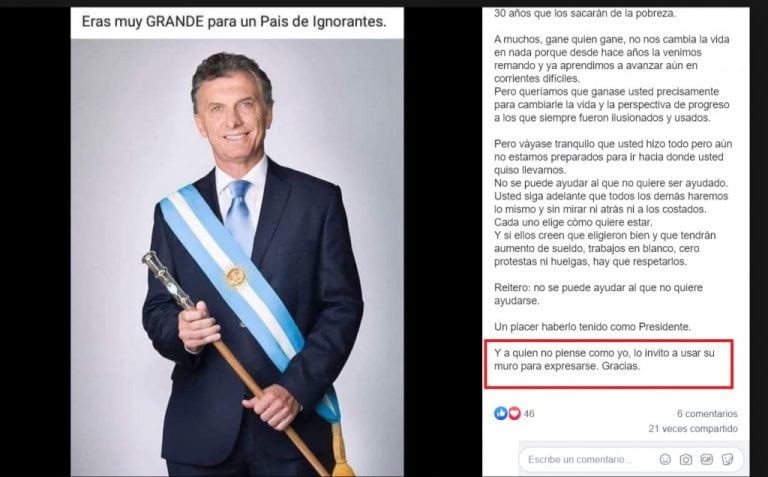 Posteo de Facebook del 29 de octubre último en un muro de un usuario en donde se puede ver que el texto viral es, en realidad, una reflexión y no una carta de Lanata.