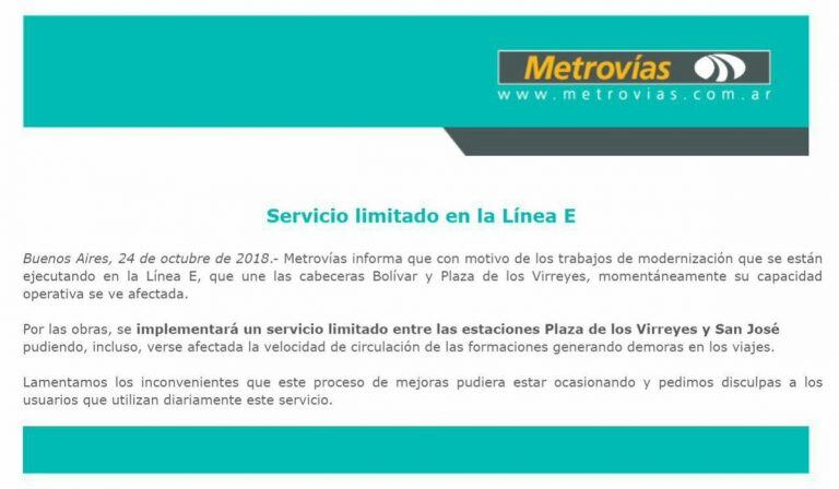 El comunicado de Metrovías sobre la línea E.