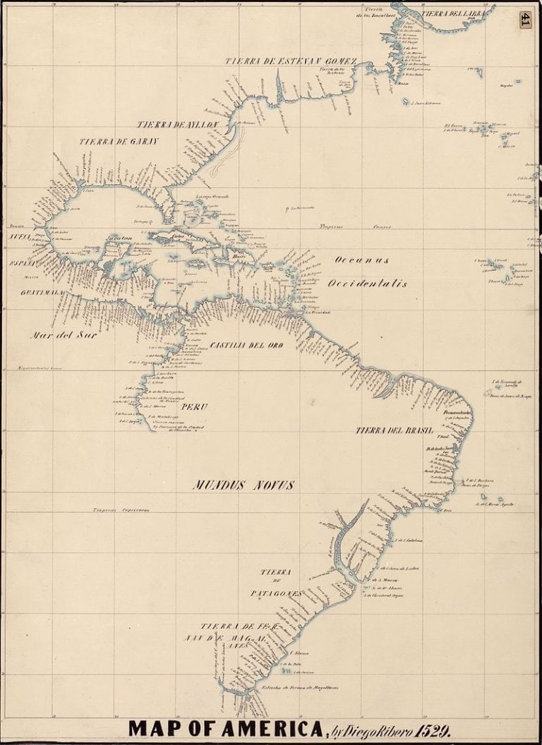 Mapa del siglo XIX dibujado a partir del mapamundi de 1529 de Diego Ribero.