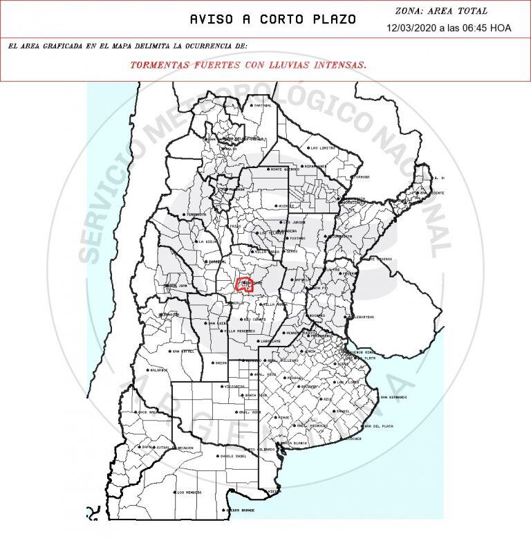 Mapa del área de cobertura del alerta "a corto plazo" emitido por el SMN.