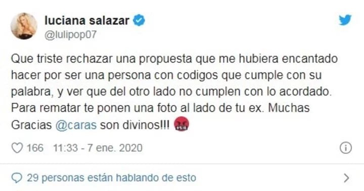 El descargo de Luciana Salazar a través de Twitter contra la decisión de revista Caras de no ponerla en la portada (Foto: Captura de Twitter)