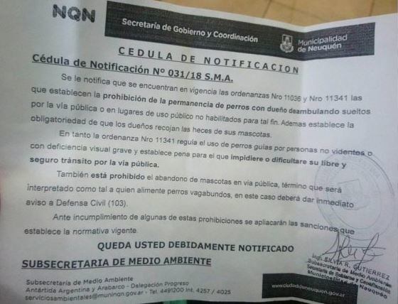 La notificación que les llegó a vecinos de Neuquén.