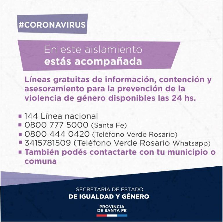 La Secretaría de Igualdad y Género de Santa Fe difundió las líneas de atención para víctimas de violencia en la provincia. (@generosantafe)