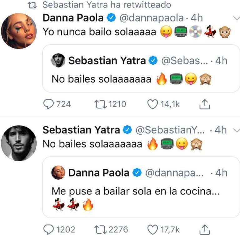 El intercambio en Twitter de Danna Paola y Sebastián Yatra (Captura:Twitter)