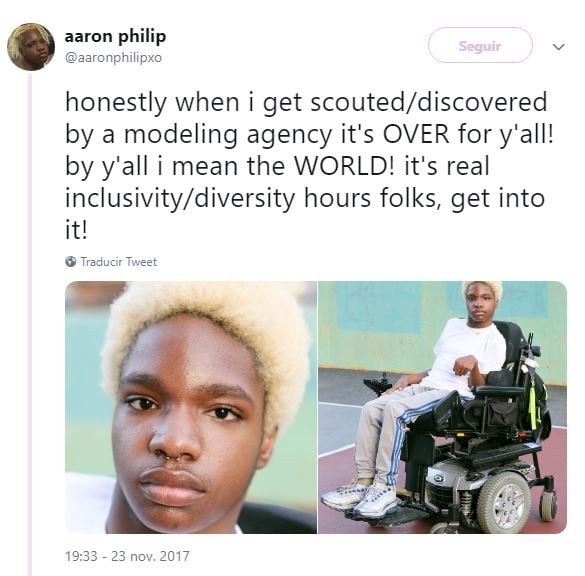 Aaron Philip, la primer modelo trans con parálisis cerebral que firmó con una agencia internacional (Twitter)