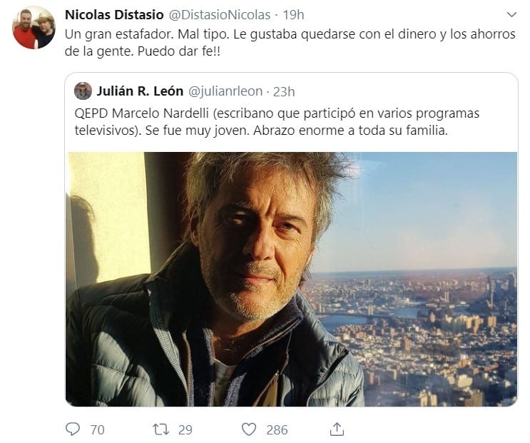 Un periodista deportivo acusó de "estafador" al escribano fallecido Marcelo Nardelli (Foto: captura Twitter)