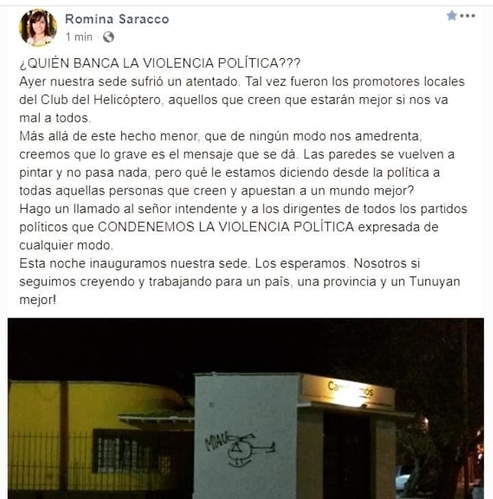 El posteo en Facebook de Romina Saracco, del Pro de Tunuyán.