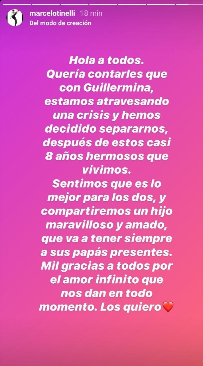 Marcelo Tinelli anunció que se separó de Guillermina Valdés