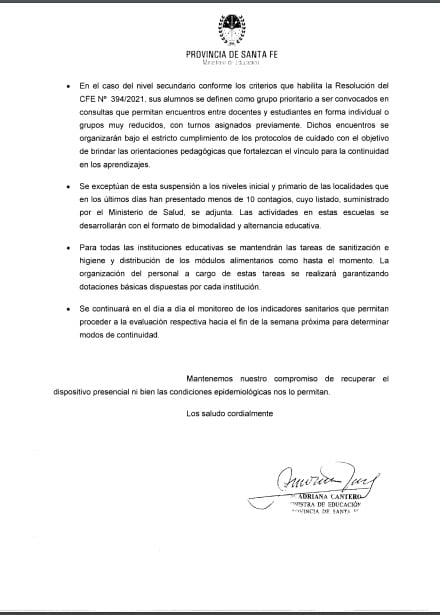 Circular del Ministerio de Educación de la Provincia