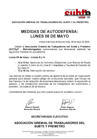 La Asociación Gremial de Trabajadores del Subte y el Premetro hará paro este lunes.