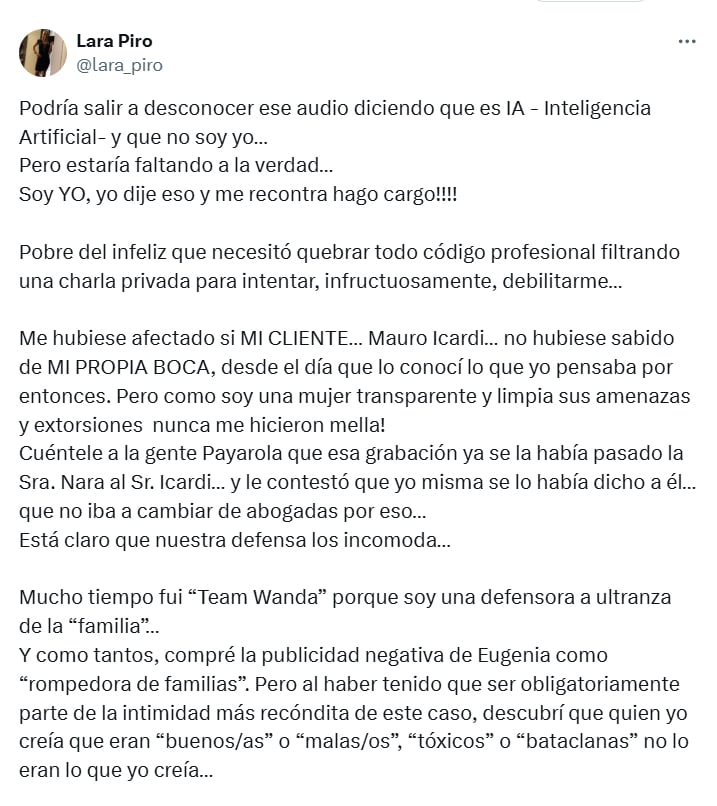 La abogada se hizo cargo del audio donde criticó duramente a la China Suárez.