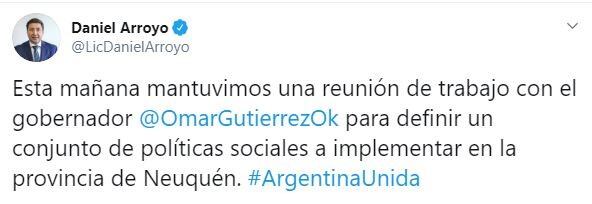 Daniel Arroyo confirmó el encuentro a través de Twitter (web).