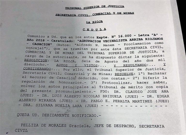 Cédula de notificación del Tribunal Superior de justicia