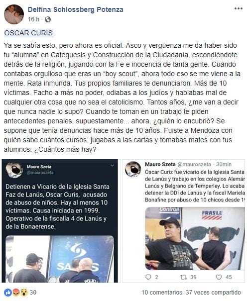 El repudio de sus exalumnos en las redes sociales (Facebook).