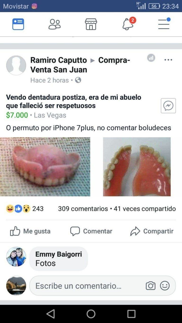 Vendía la dentadura de su abuelo por Facebook.